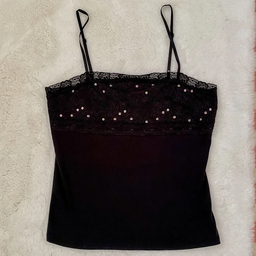 Y2K Black Lace Sequin Cami | Style & Co Stretchy Tank Top - Picture 1 of 9